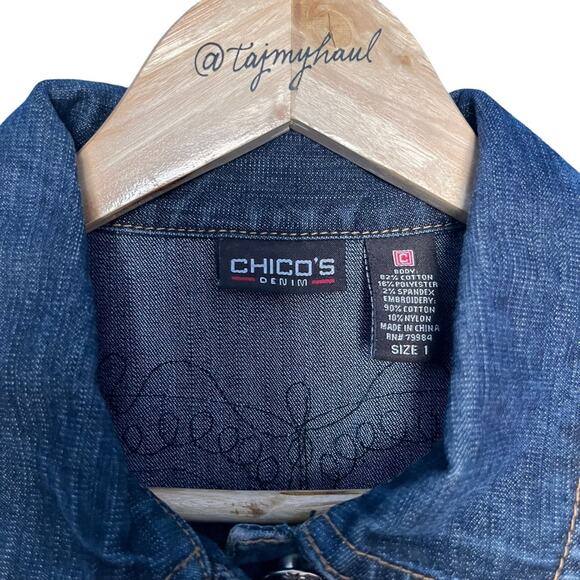 Chico’s Denim embroidered roll cuff jean jacket size 1 Medium - Picture 7 of 8